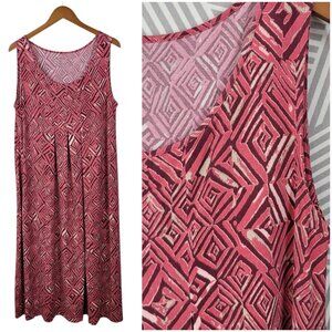 Vintage Y2K Dress XXL Stretch Flare Midi Pink Geometric 60s Retro Womens